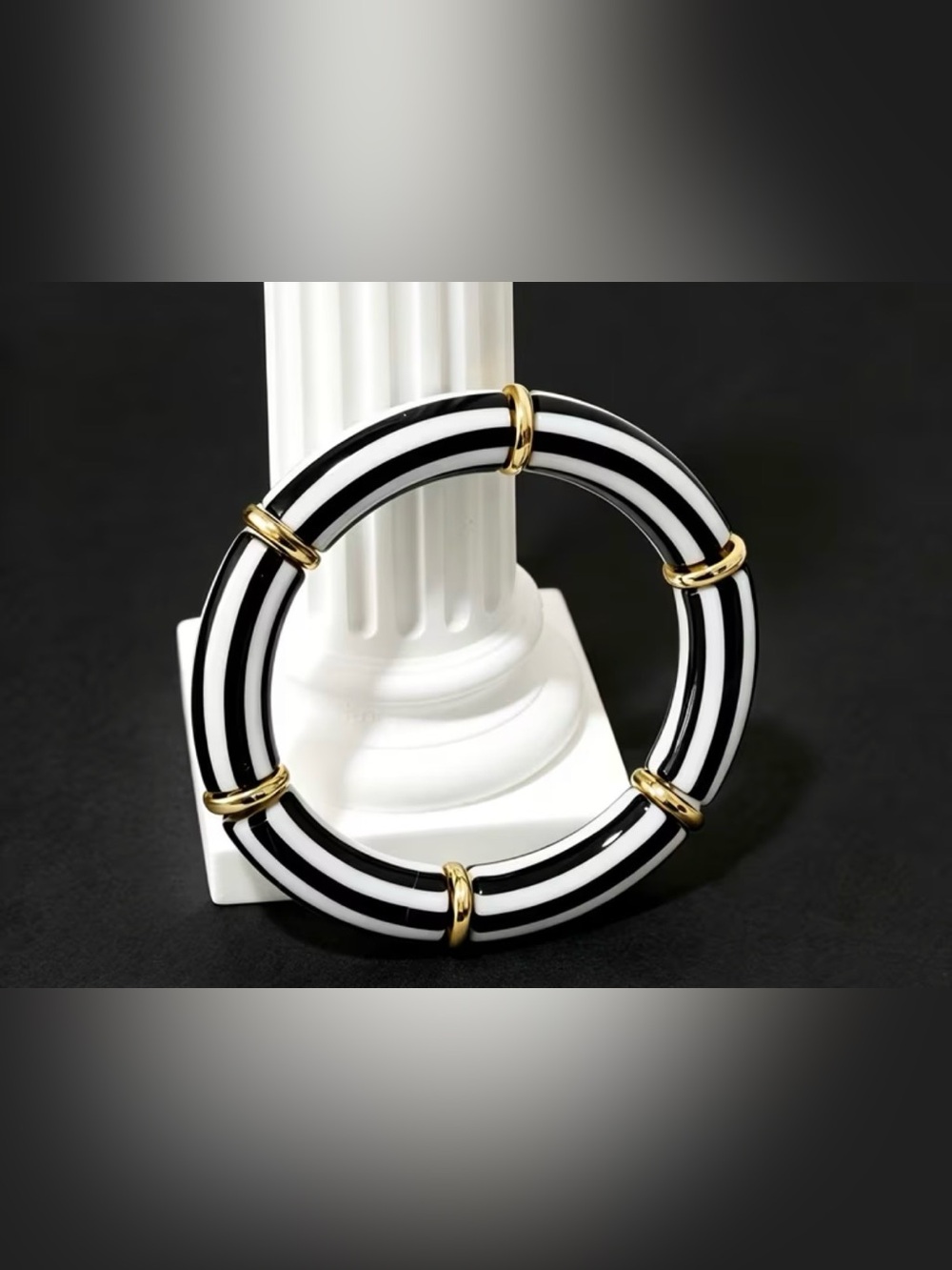 Black & White Striped Bangle Bracelet with Gold Accents